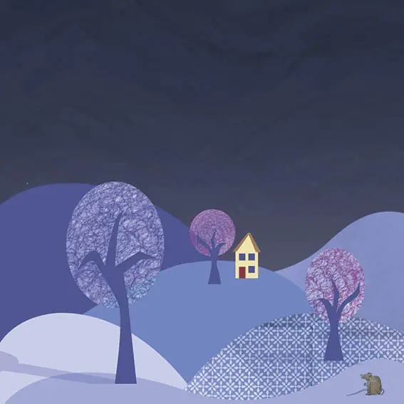 Mouse looks at a yellow house in the distance.