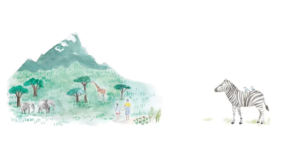 Wangari and her mother hold hands in a field.