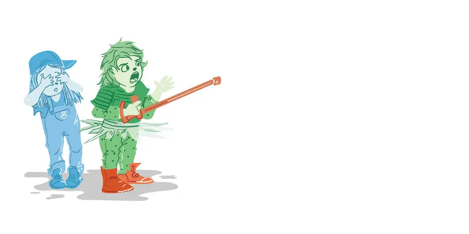 A girl wearing dungarees and a cap and a boy wearing a tutu and playing a guitar stand in a puddle.