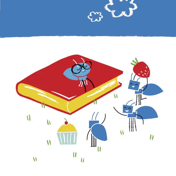 Little Ant wears glasses and sits on top of a book. The other ants hold items of food.